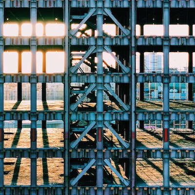 Metal grid foundations of a building.